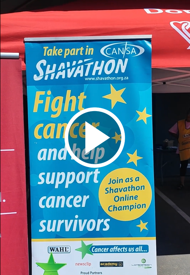 Blue CANSA Shavathon banner: 'Fight cancer and help cancer survivors' with yellow stars and a yellow circle inviting 'Join as a Shavathon Online Champion'.
