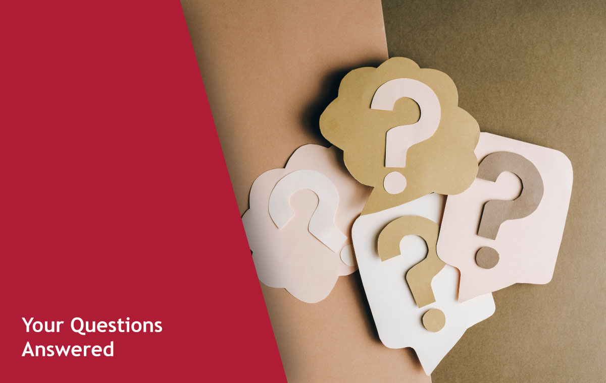 FAQ header image: bold red panel reading 'Your Questions Answered' with overlapping beige and white question-mark shapes on a brown background, conveying help content