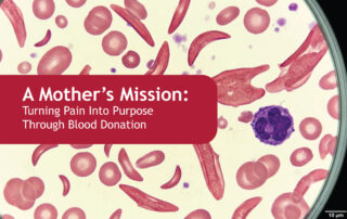 Blood smear background with a red rounded banner that reads 'A Mother’s Mission: Turning Pain Into Purpose Through Blood Donation'.] ,
